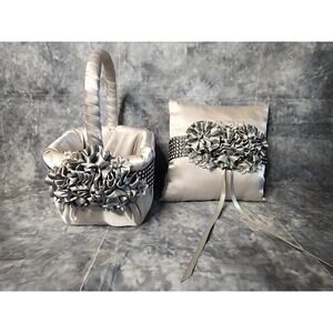 Silver Rhineston His & Hers Wedding Flower Girl Basket + Ring Bearer Pillow Set